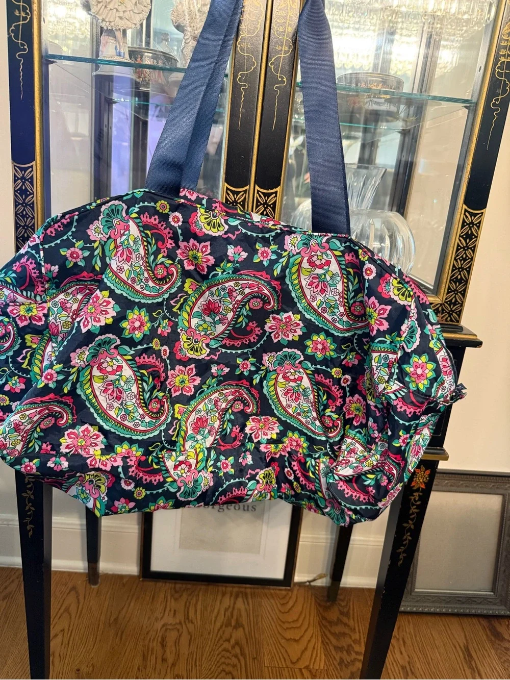 VERA BRADLEY Floral Paisley Navy Tote Bag with Pink & Green Accents